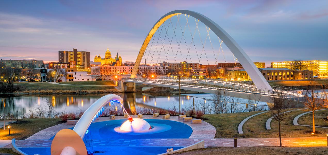 Des Moines skyline at sunset