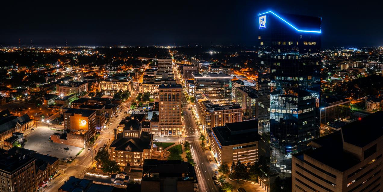 An aerial night view of the downtown Lexington, Kentucky skyline