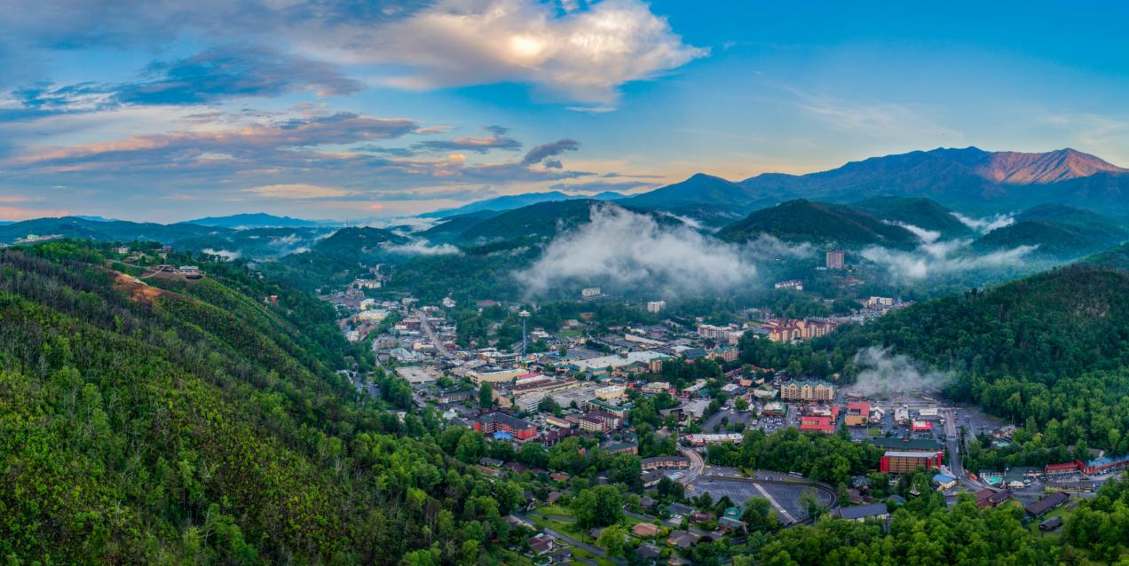 Aerial shot of a mountain town in Tenneessee