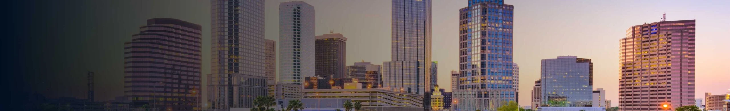 Tampa skyline at dusk with glass office towers and palm trees.